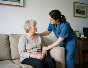 A personal care assistant giving care to an elderly woman